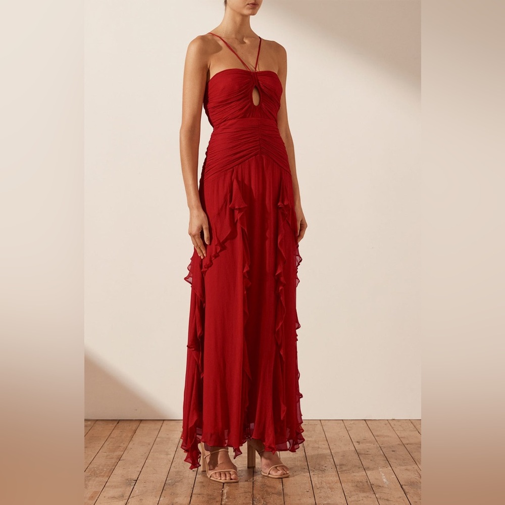 Shona Joy Red Maxi Dress with Ruffle Details